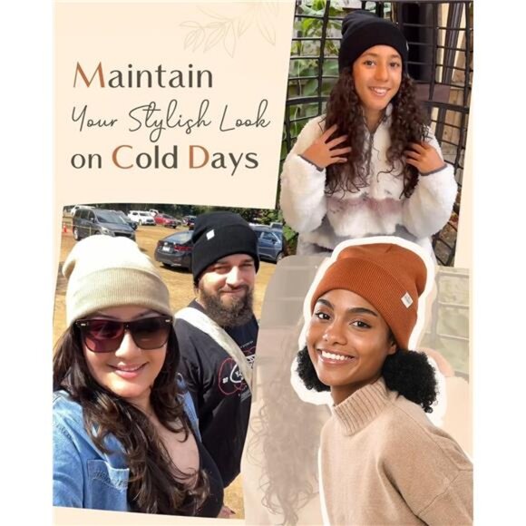 Womens Satin Lined Knit Beanie Hat Beige - Picture 5 of 6